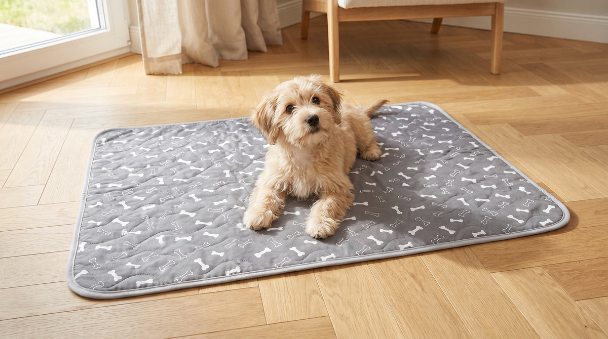 [BILD: Hund liegt entspannt auf der Matte, wohnliches Wohnzimmer, warmes Licht]