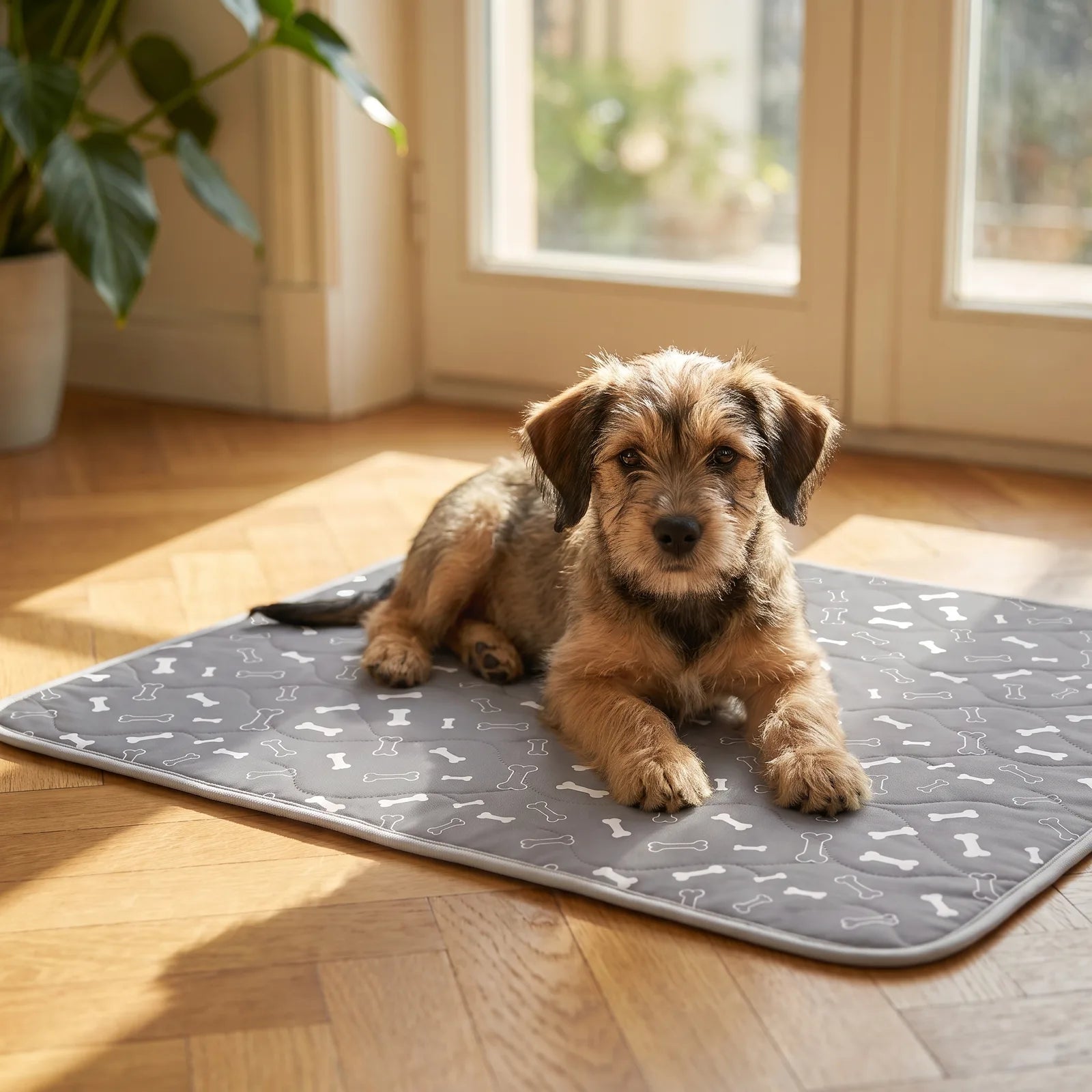 Hund liegt entspannt auf der Pfotenwohl Matte