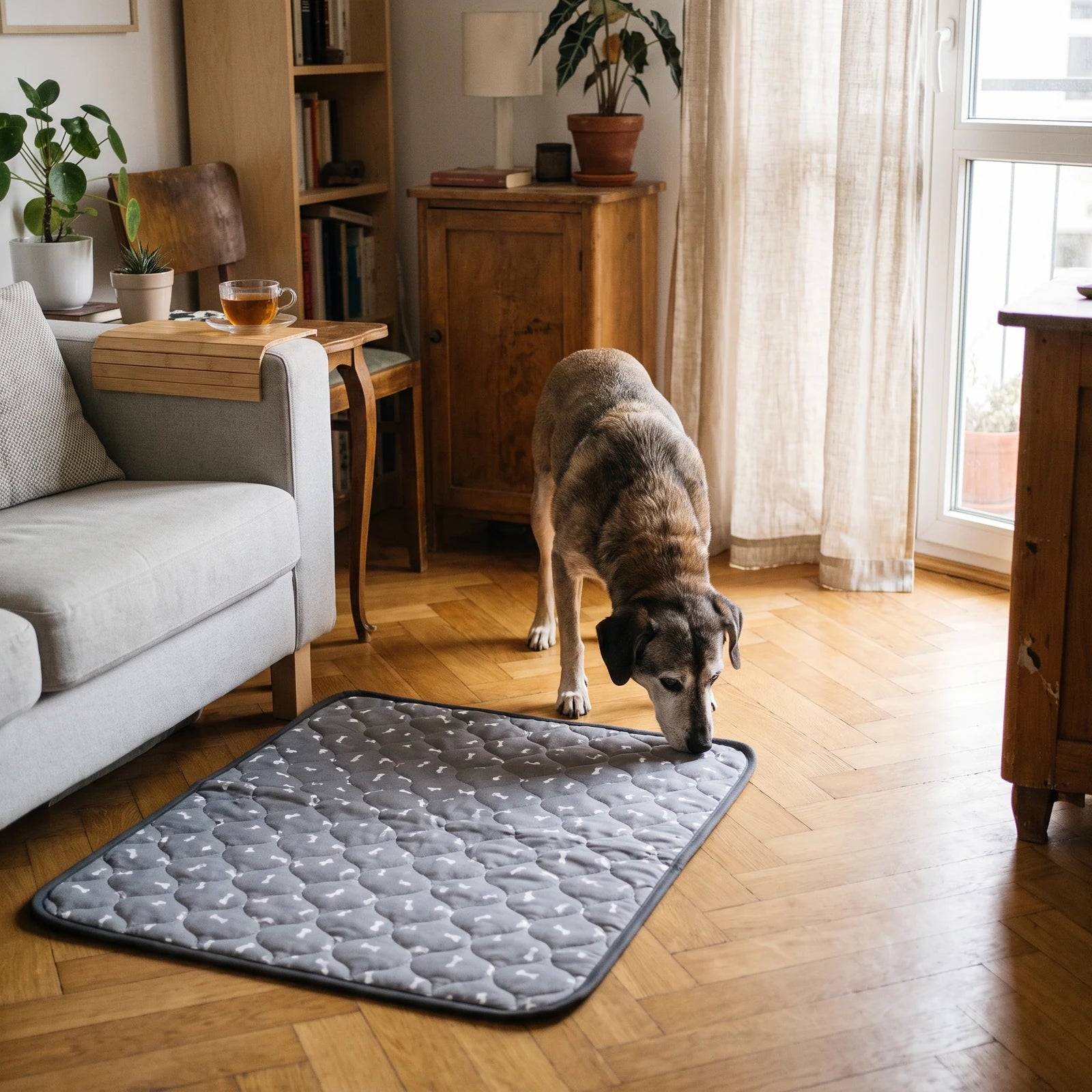Älterer Hund geht von selbst zur Stammplatz-Matte